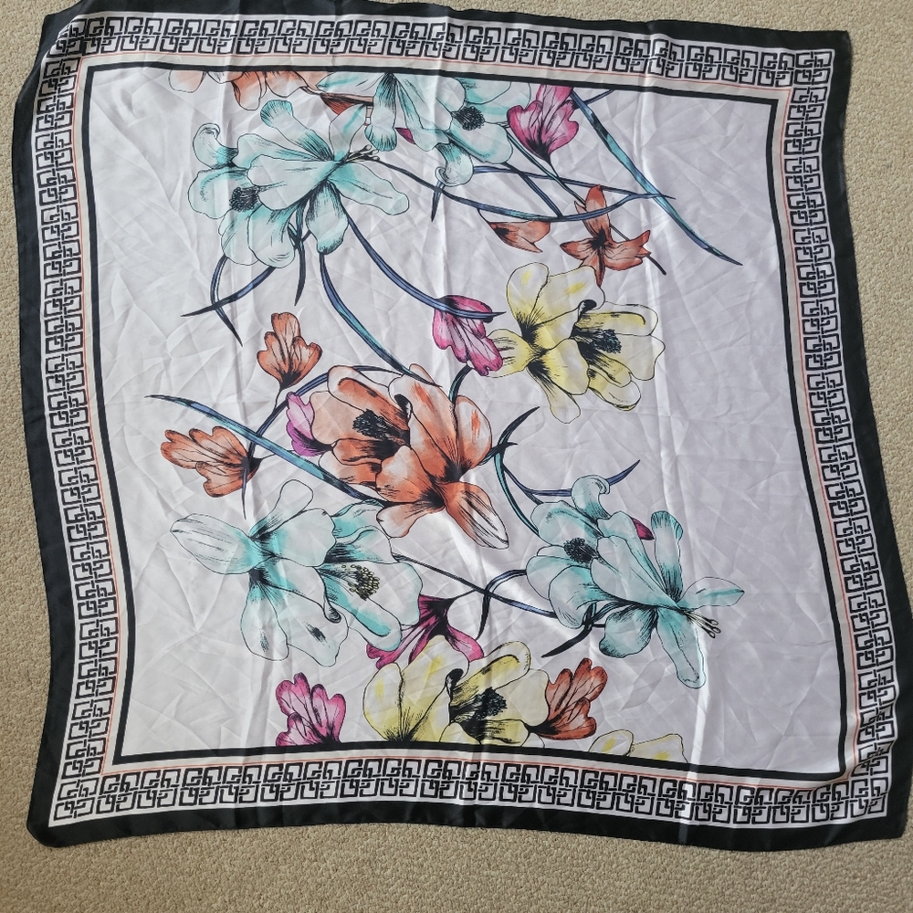 Chico's Floral Scarf / Wrap ~ Blue Yellow ~ Black Border ~ NWT ~ Pretty!